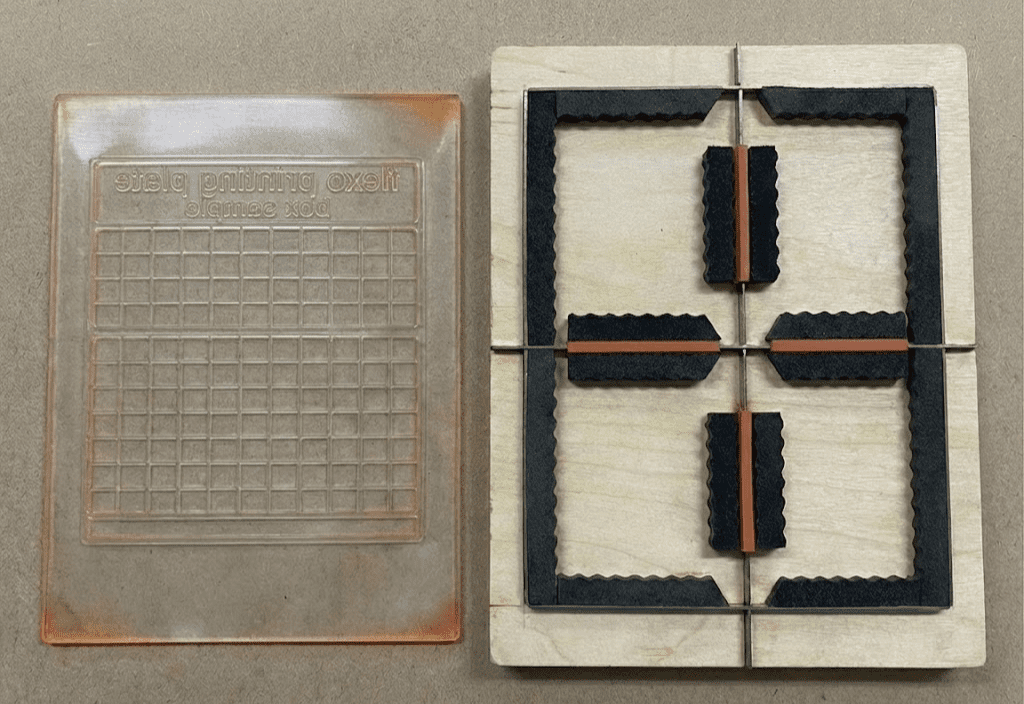 ตัวอย่างแม่พิมพ์ยางสำหรับพิมพ์กล่อง และเพลทใบมีดไม้สำหรับไดคัทกล่องกระดาษ